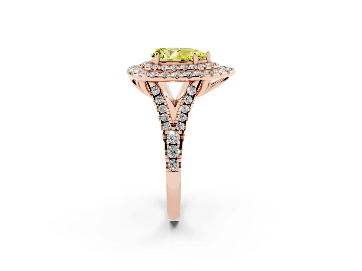 Fancy Yellow Double Halo Pear Cut Diamond Pavé Split Shank Ring with Prong Setting Rose gold