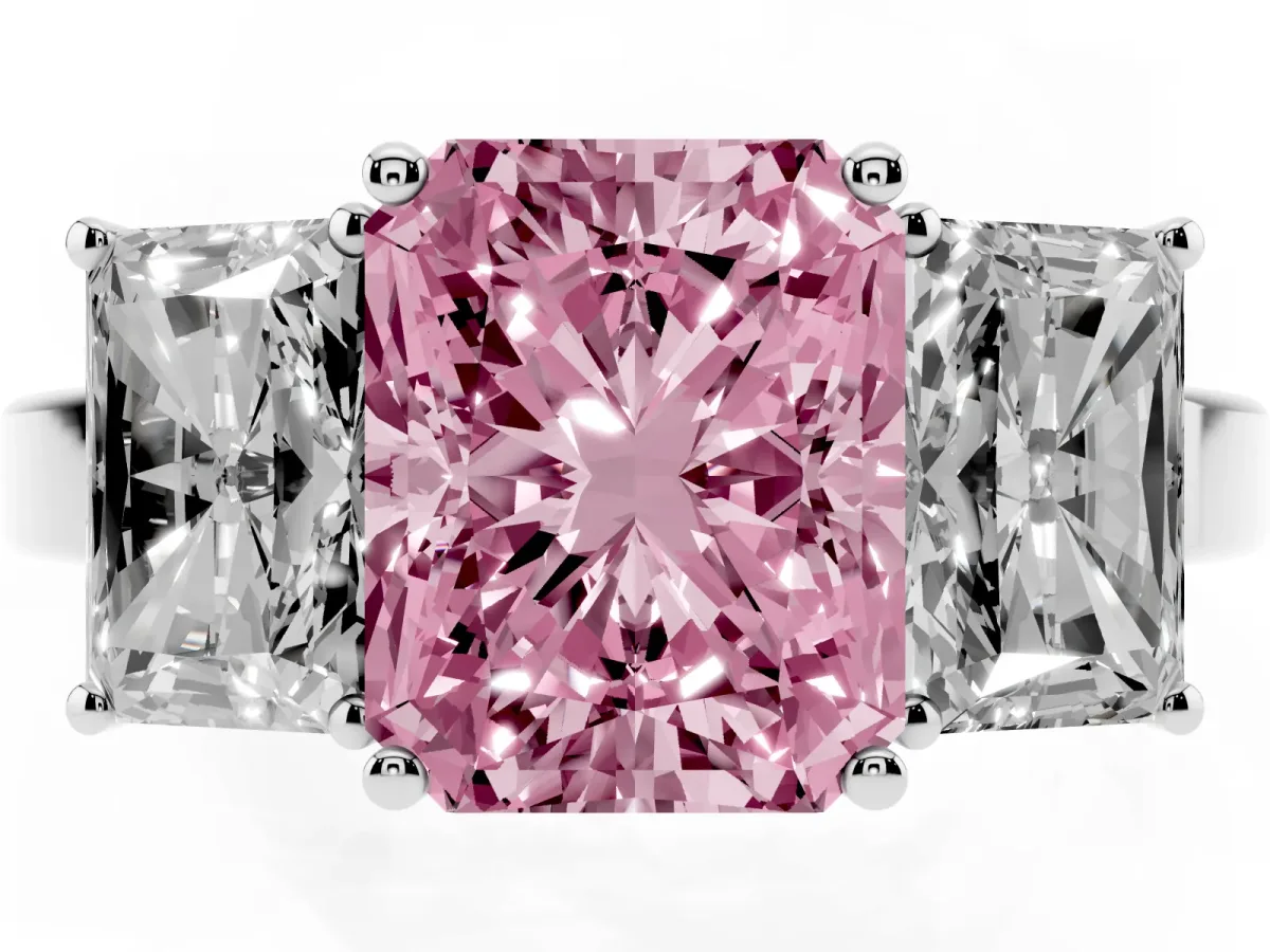 Fancy Pink Three-Stone Radiant Cut Cut Diamond Engagement Ring with Flat Band and Four-Prong Setting Silver