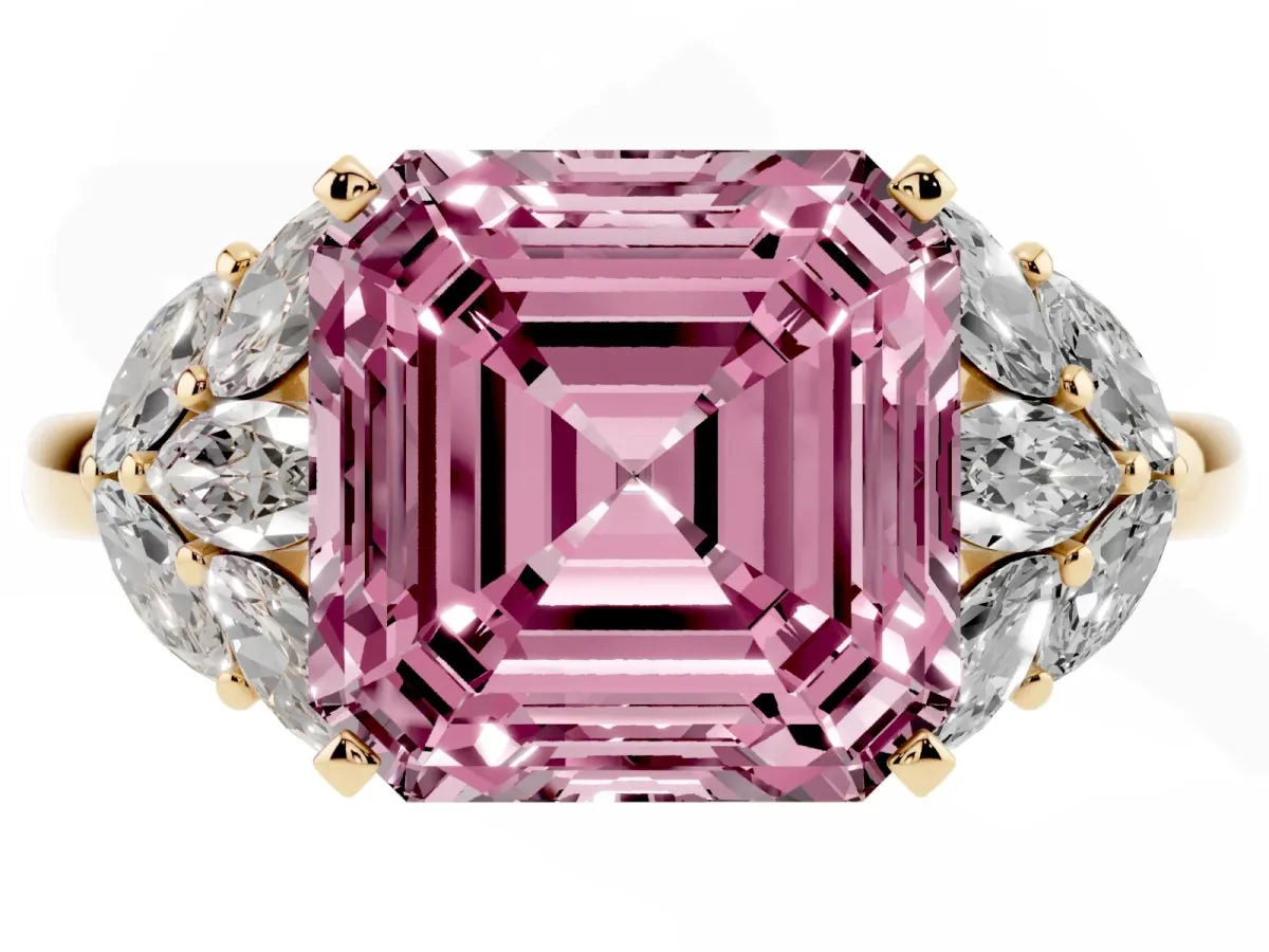 Fancy Pink Asscher Cut Diamond Cluster Leaf Design Ring with Prong Setting Yellow gold