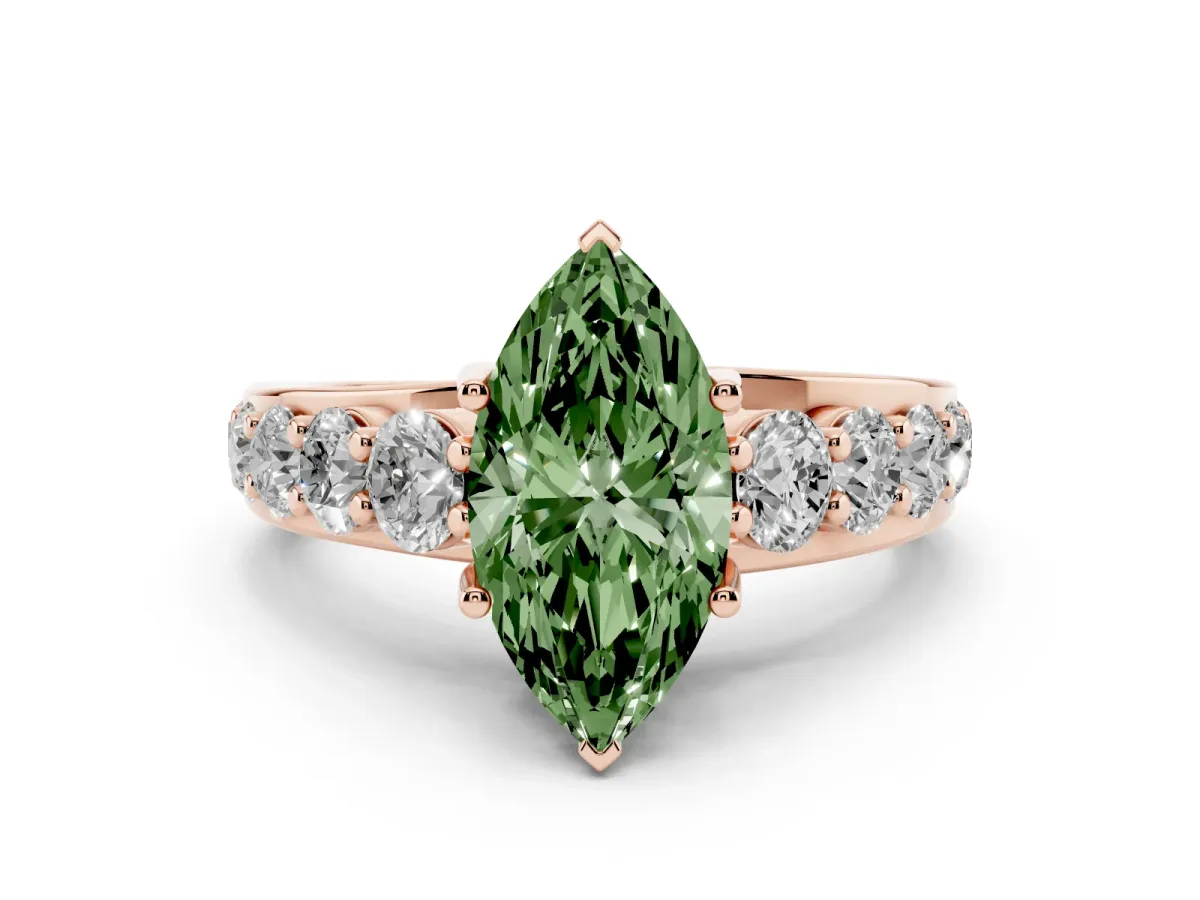 Fancy Green Marquise Cut Diamond Engagement Ring with Pavé Band and Four-Prong Setting Rose gold