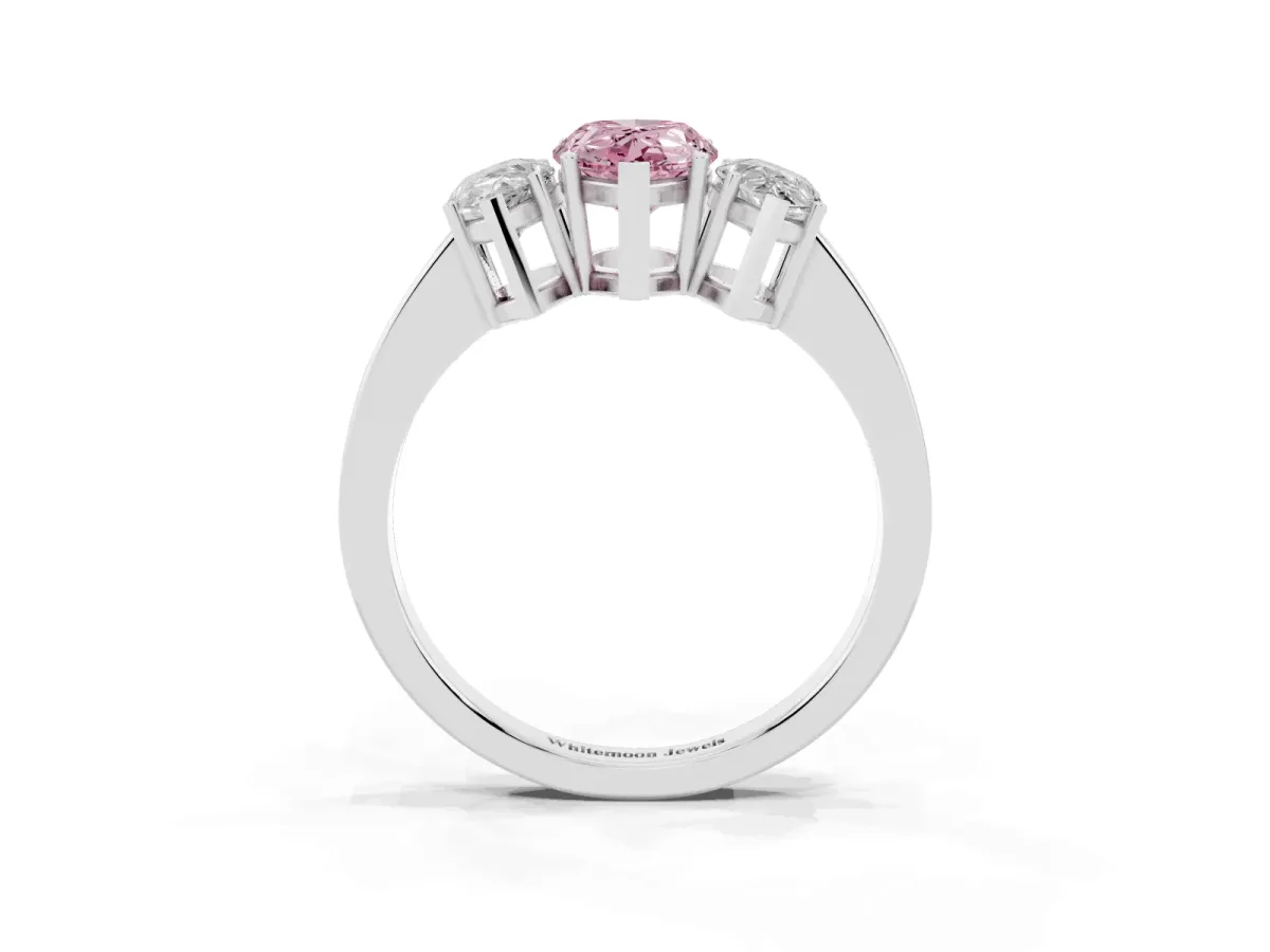 Fancy Pink Three-Stone Pear Cut Cut Diamond Engagement Ring with Flat Band and Four-Prong Setting Silver