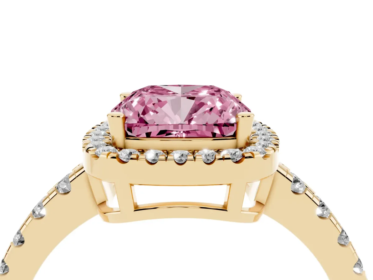 Fancy Pink Cushion Cut Diamond Halo Ring with Pavé Band and Four-Prong Setting Yellow gold
