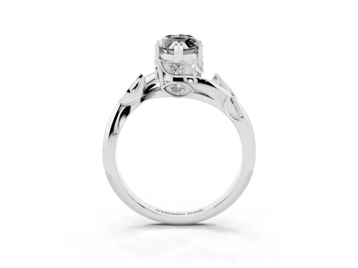 Fancy Black Marquise Cut Solitaire Twist Engagement Ring with Leaf Accents and Prong Setting Platinum