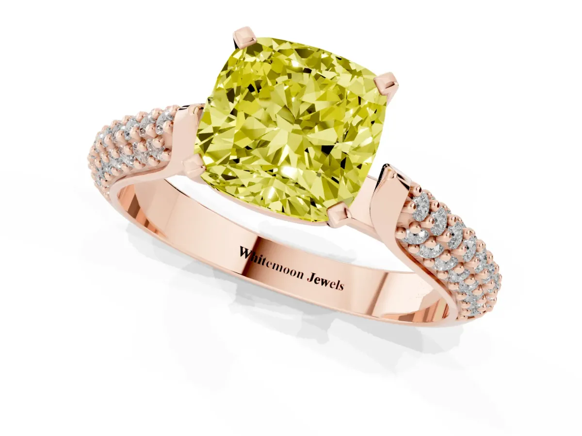 Fancy Yellow Cushion Cut Diamond Solitaire Engagement Ring with Multi-Row Round Pavé Band and Prong Setting Rose gold