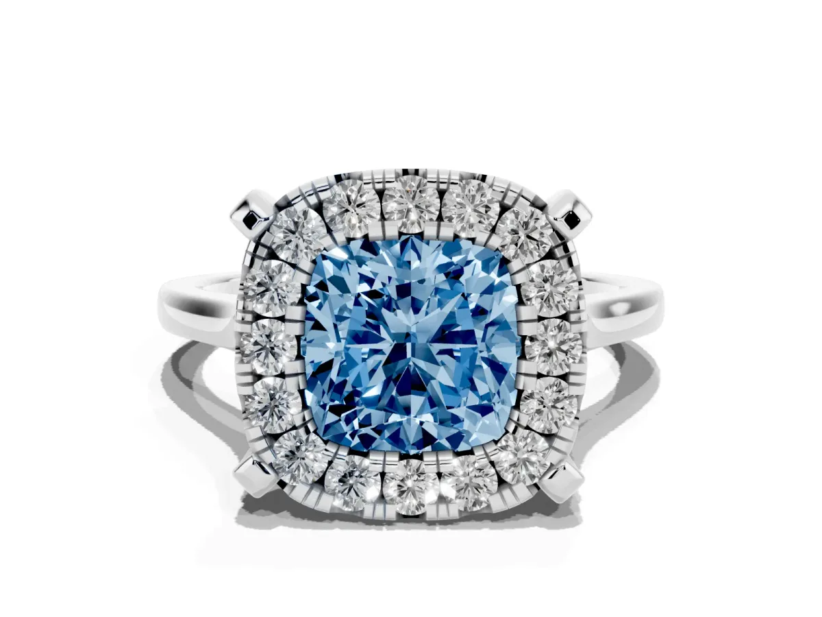 Fancy Blue Cushion Cut Diamond Cluster Halo Solitaire with Four-Prong Setting Silver