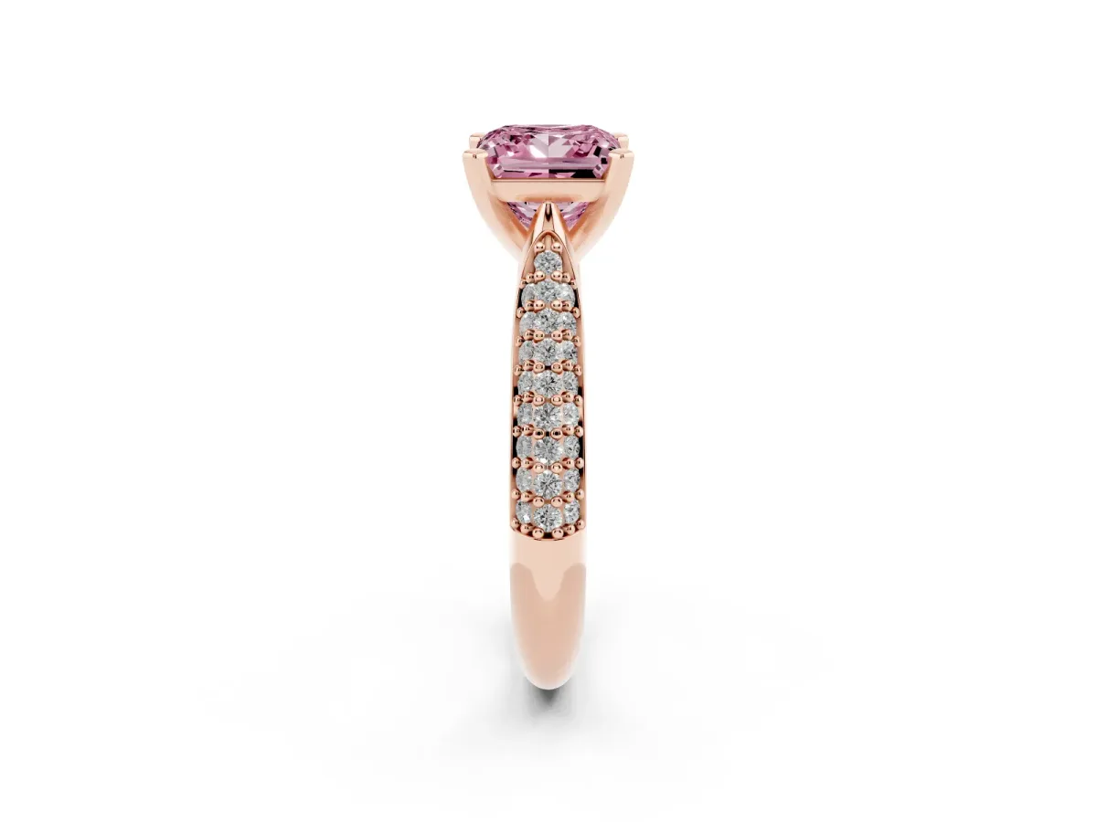 Fancy Pink Princess Cut Diamond Solitaire Engagement Ring with Multi-Row Round Pavé Band and Prong Setting Rose gold