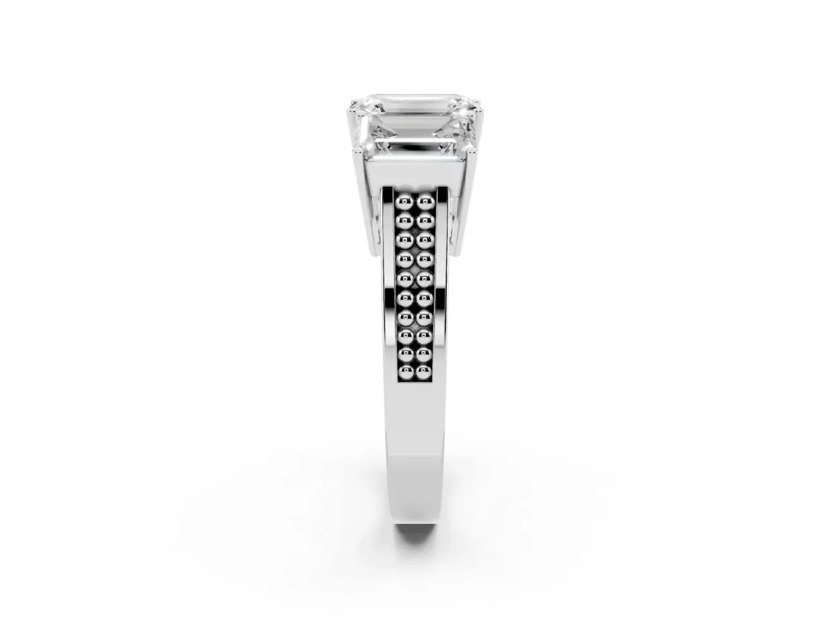 Emerald Cut Diamond Three-Stone Ring with Prong Setting and Textured Band White gold