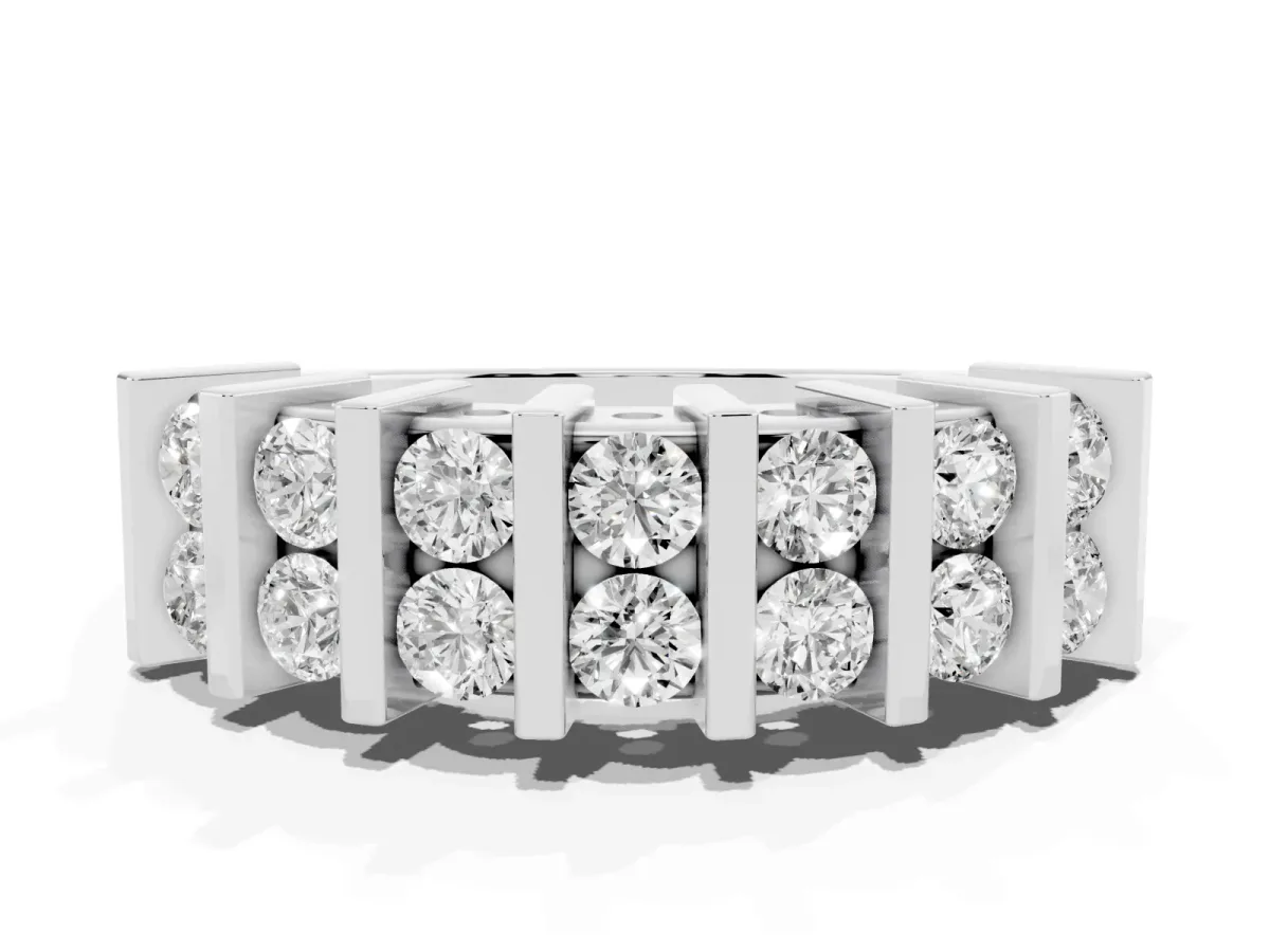 Channel Set Round Diamond Step Band with Bar Prong Setting Silver