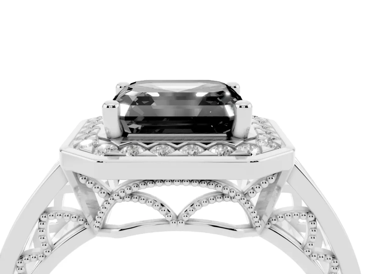 Fancy Black Asscher Cut Diamond Halo Ring with Split Shank and Bezel Accents and Prong Setting Silver