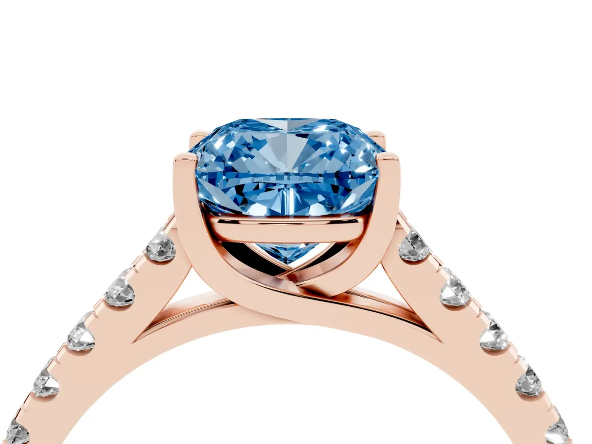 Fancy Blue Cushion Cut Diamond Pavé Band Solitaire Ring with Prong Setting Rose gold