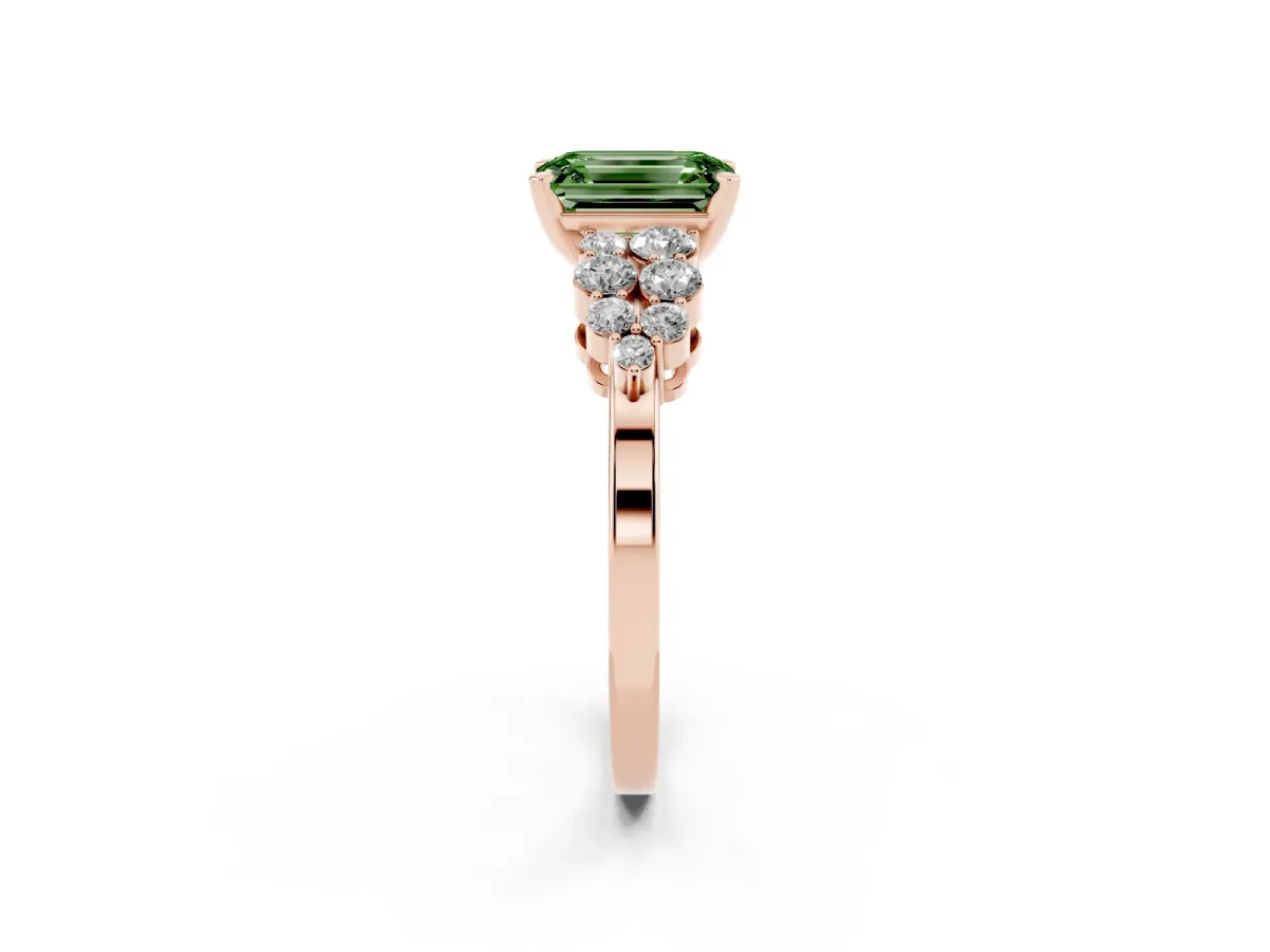 Fancy Green Emerald Cut Cluster Diamond Engagement Ring with Pavé Band and Four-Prong Setting Rose gold