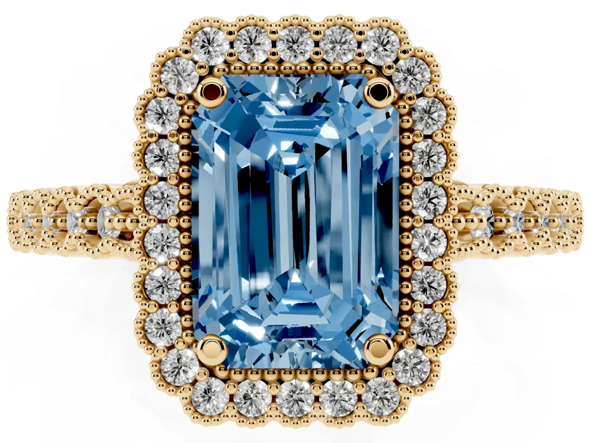 Fancy Blue Emerald Cut Cut Halo Pavé Solitaire Ring with Milgrain Band Yellow gold