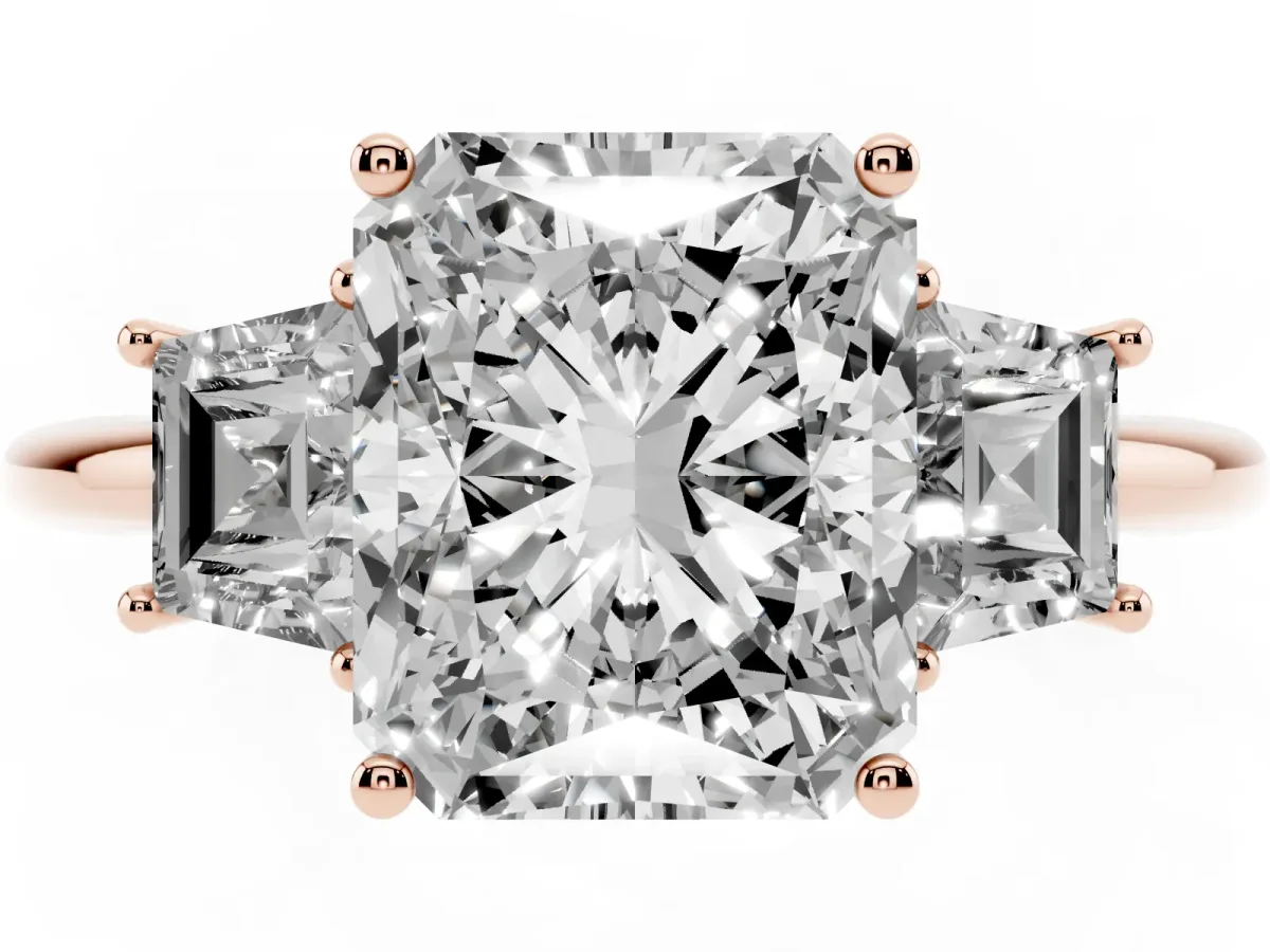 Radiant Cut Diamond Three-Stone Ring with Trapezoid Side Stones and Prong Setting Rose gold