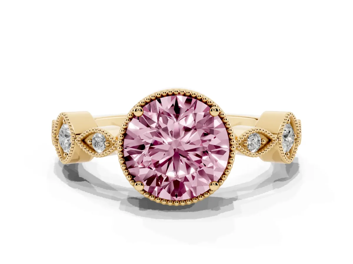 Fancy Pink Round Cut Diamond Vintage Milgrain Ring with Round Stations Yellow gold