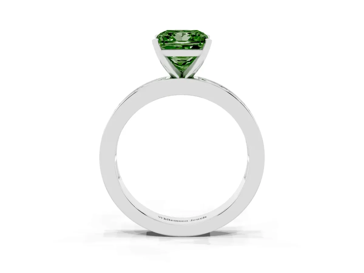 Fancy Green Princess Cut Solitaire Diamond Ring with Channel-Set Baguette Band and Four-Prong Setting Platinum