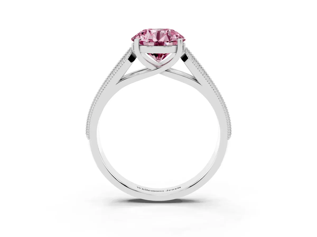 Fancy Pink Round Cut Cut Pave Split Shank Engagement Ring with Four-Prong Setting White gold