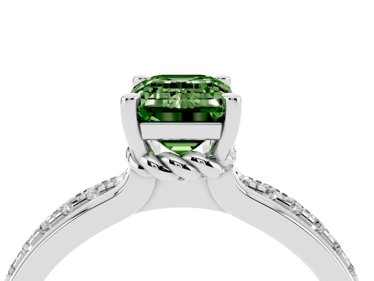 Fancy Green Emerald Cut Solitaire Diamond Ring with Channel Set Band and Six-Prong Setting Silver
