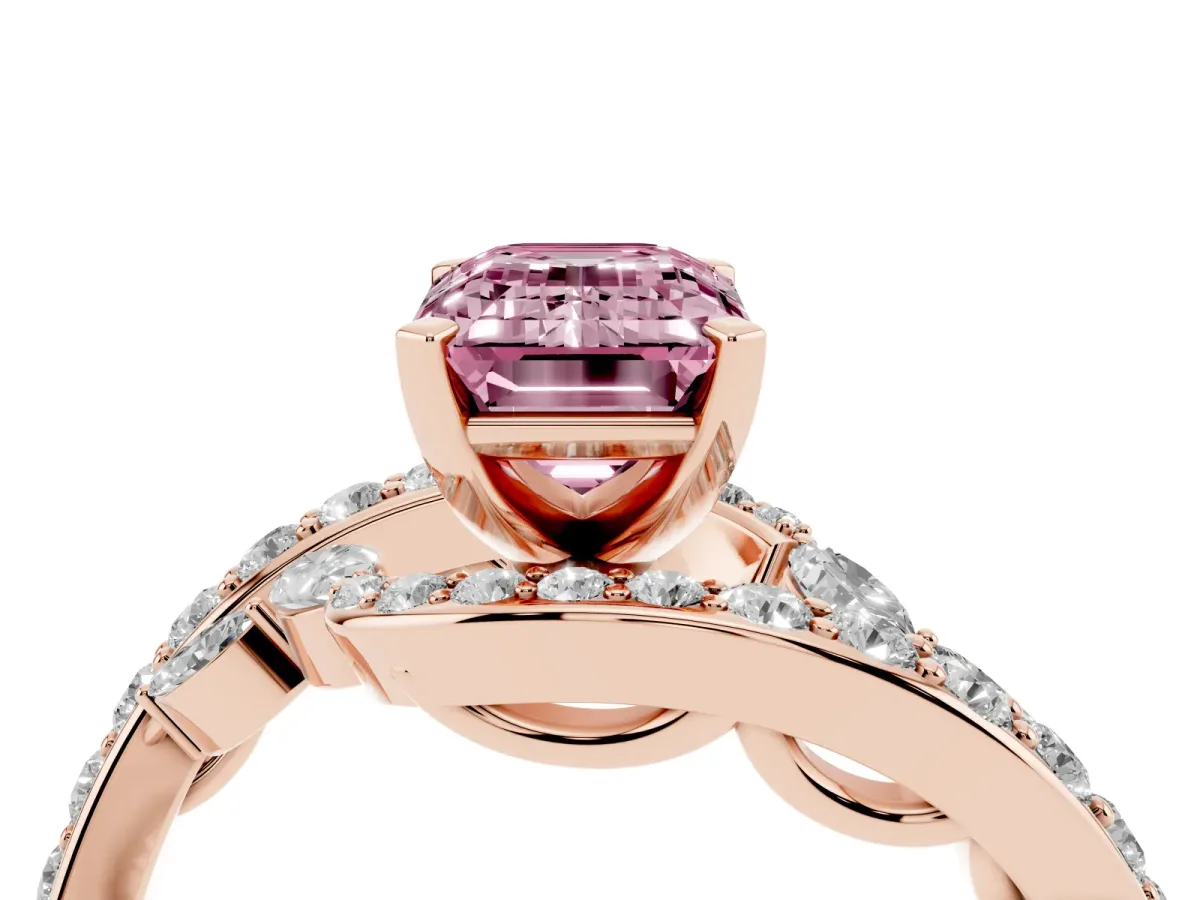 Fancy Pink Emerald Cut Solitaire with Pavé Twist Band and Four-Prong Setting Rose gold