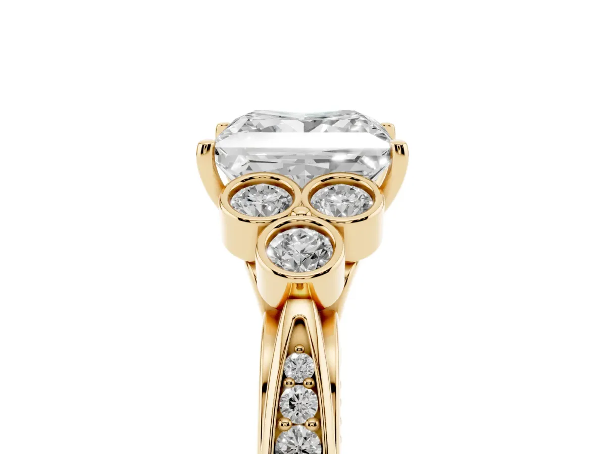 Princess Cut Cut Diamond Engagement Ring with Bezel Set Round Side Stones and Prong Setting Yellow gold