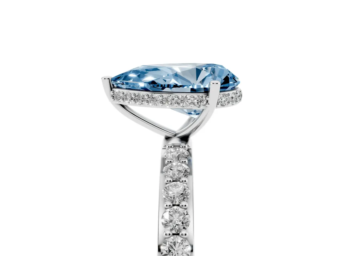 Fancy Blue Pear Cut Diamond Solitaire Ring with Pavé Band and Hidden Halo Silver