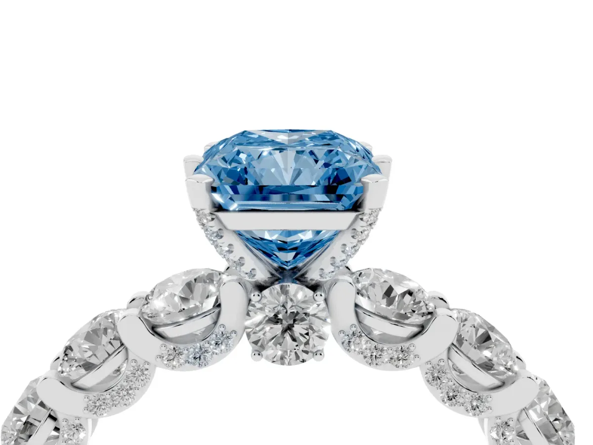Fancy Blue Radiant Cut Diamond Side Stone Engagement Ring with Four-Prong Setting White gold