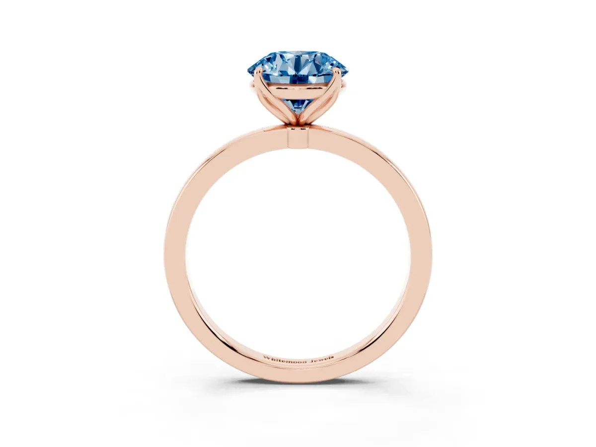 Fancy Blue Round Cut Diamond Solitaire Ring with Thin Band and Prong Setting Rose gold
