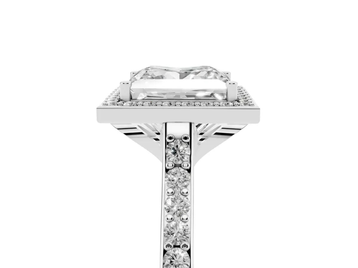 Princess Cut Diamond Halo Engagement Ring with Round Pavé Shoulders and Prong Setting Silver