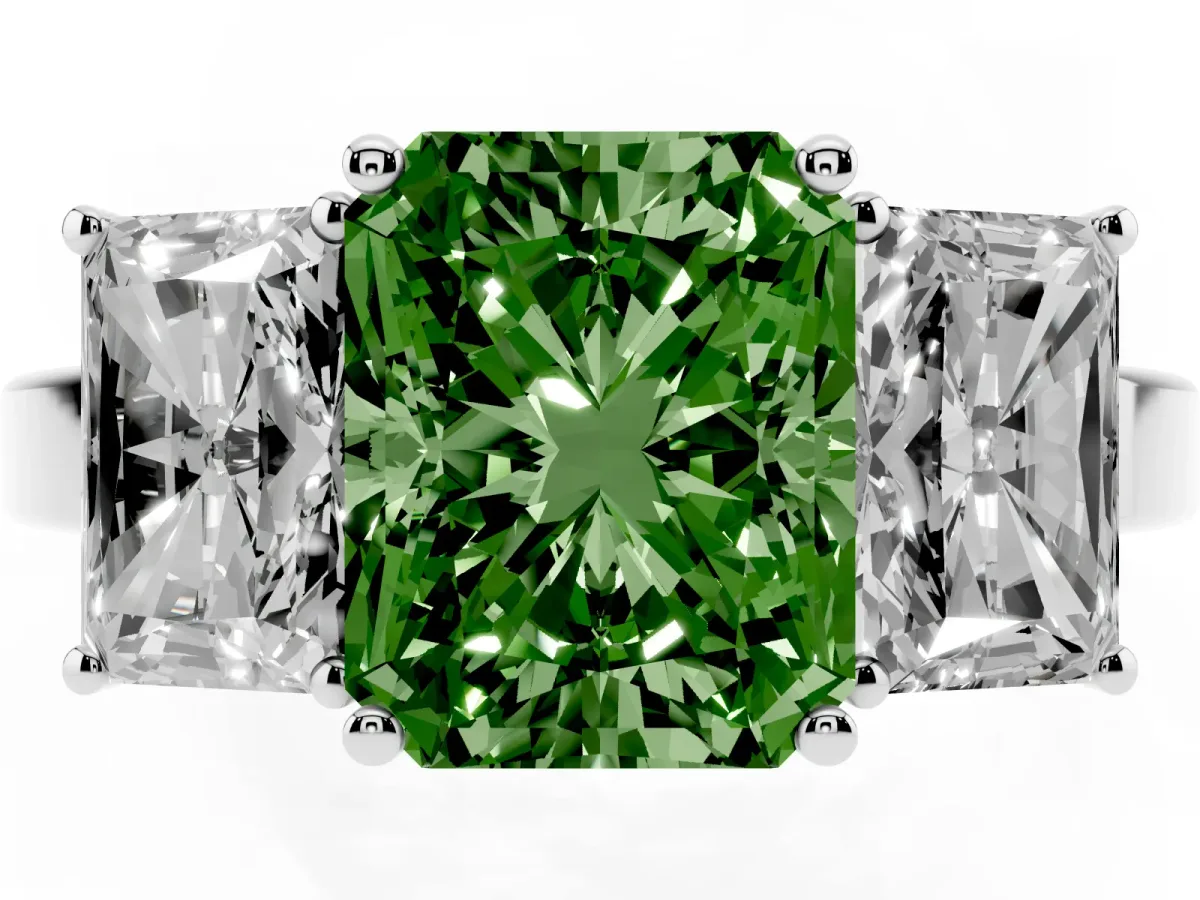 Fancy Green Three-Stone Radiant Cut Cut Diamond Engagement Ring with Flat Band and Four-Prong Setting Silver