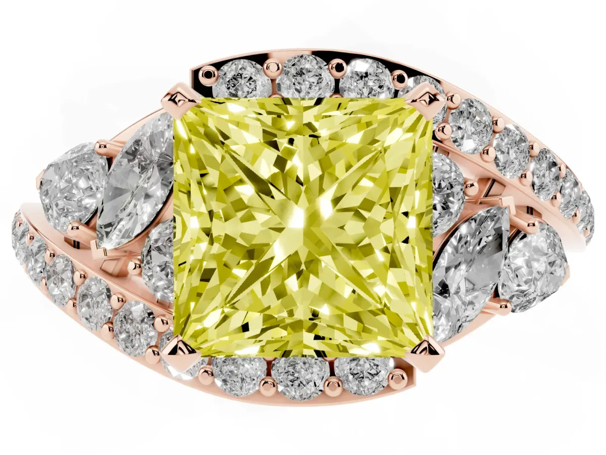 Fancy Yellow Princess Cut Diamond Halo Ring with Marquise and Pavé Band in Prong Setting Rose gold
