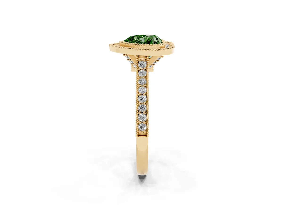 Fancy Green Halo Heart Cut-Cut Diamond Pave Band Milgrain Prong Setting Ring Yellow gold