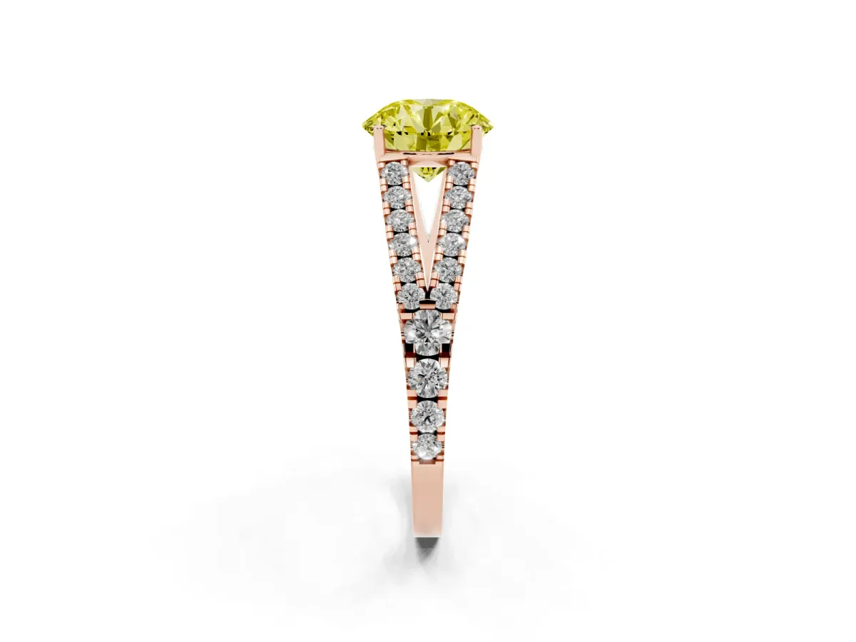 Fancy Yellow Round Cut Diamond Split Shank Pavé Engagement Ring with Four-Prong Setting Rose gold