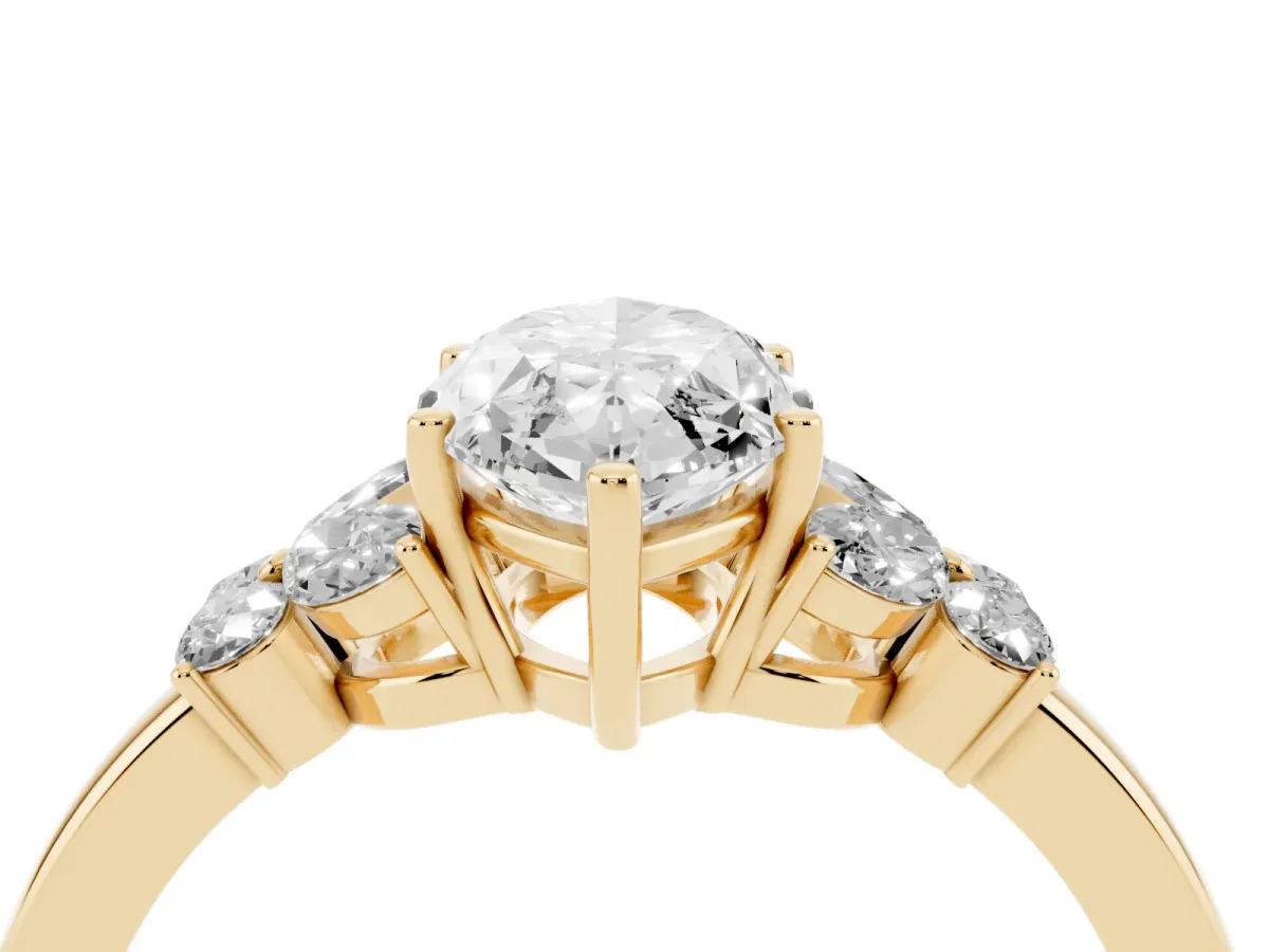 Marquise Cut Cut Solitaire Floral Diamond Ring with Four-Prong Setting Yellow gold