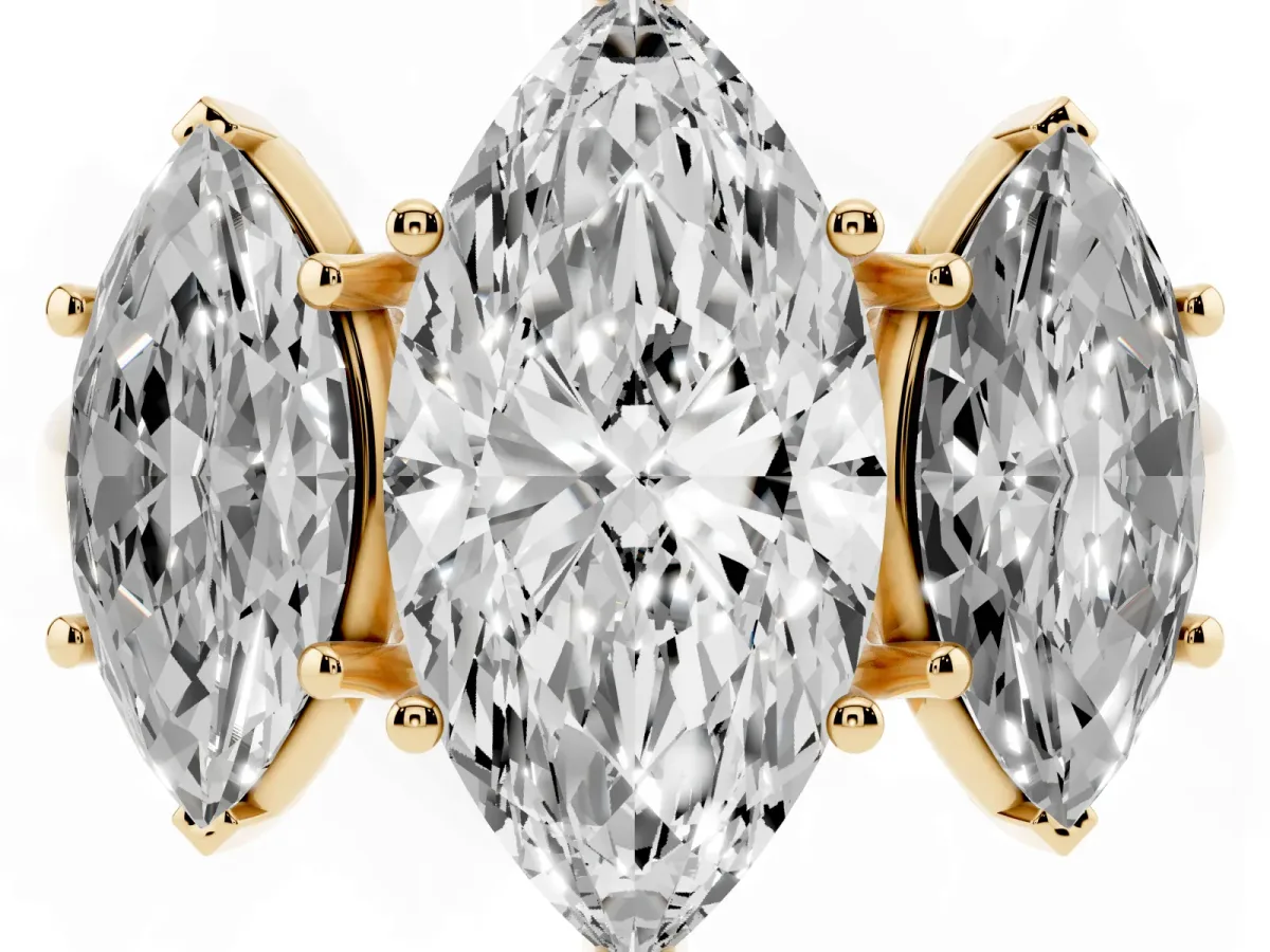Three-Stone Marquise Cut Diamond Engagement Ring with Prong Setting Yellow gold