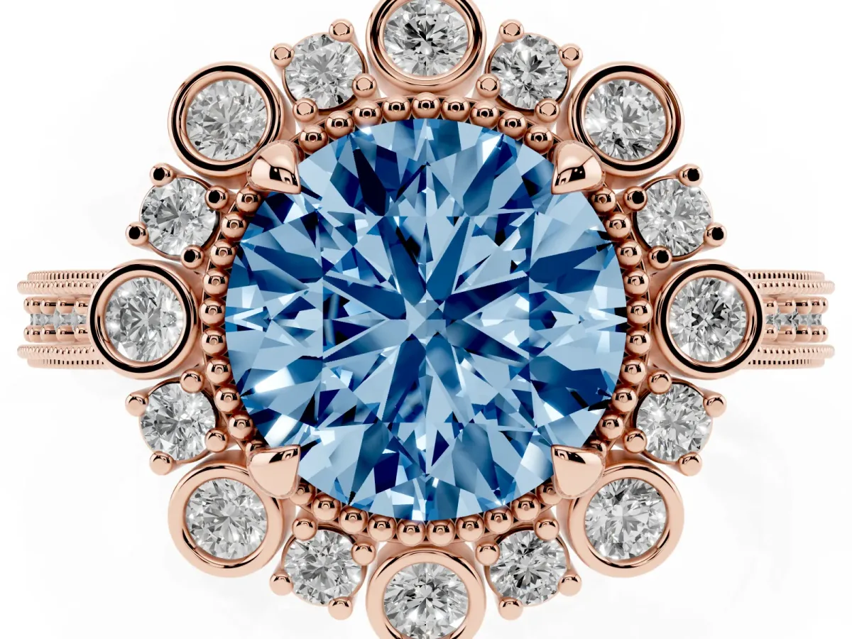Fancy Blue Round Cut Halo Milgrain Pave Diamond Ring with Four-Prong Setting Rose gold
