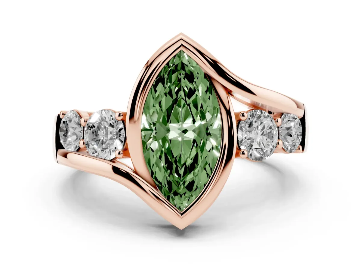 Fancy Green Bezel Set Marquise Cut Diamond Bypass Ring with Round Accents Rose gold