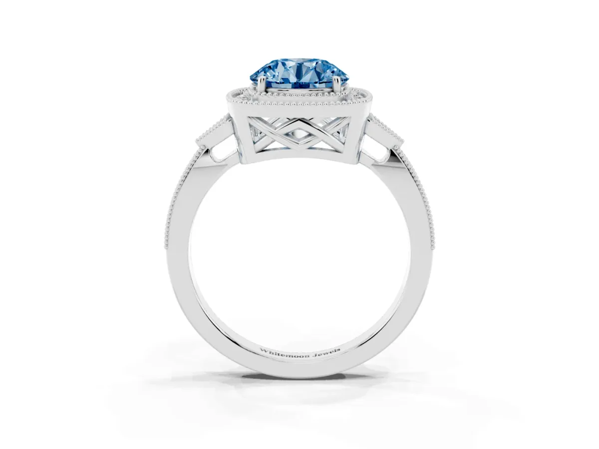 Fancy Blue Round Cut Halo Round Diamond Milgrain Pave Engagement Ring Silver