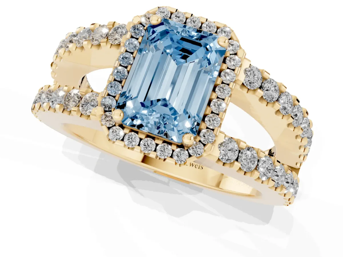 Fancy Blue Emerald Cut Cut Halo Split Shank Diamond Ring with Four-Prong Setting Yellow gold