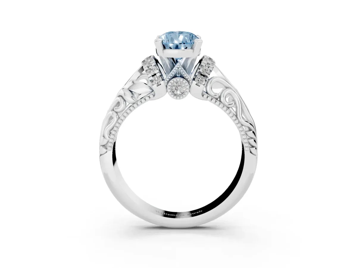 Fancy Blue Pear Cut Solitaire Filigree Engagement Ring with Halo and Prong Setting Silver