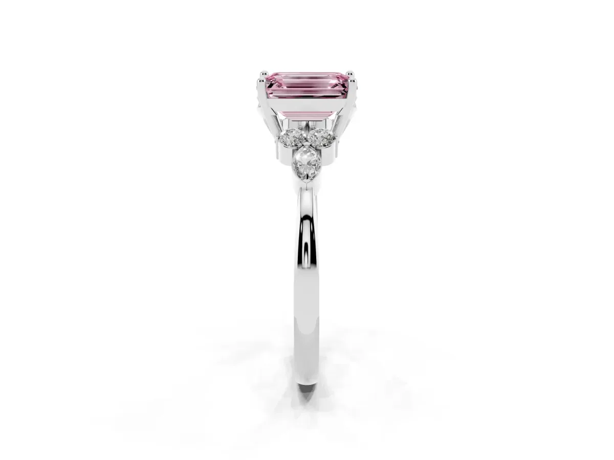 Fancy Pink Emerald Cut Brilliant Diamond Solitaire Ring with Pear Side Stones and Four-Prong Setting Platinum