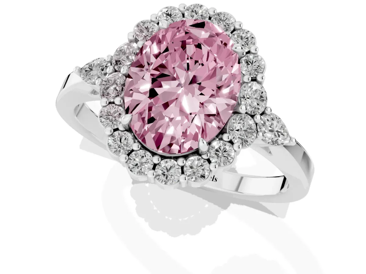 Fancy Pink Oval Cut Diamond Halo Ring with Pear Side Stones and Prong Setting Silver