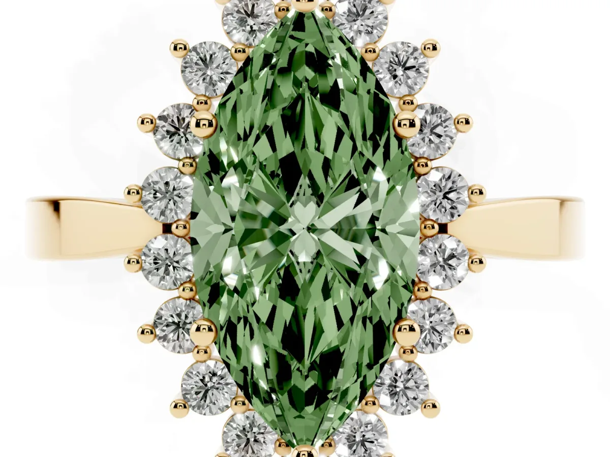 Fancy Green Marquise Cut Cut Diamond Halo Ring with Round Brilliant Halo and Solitaire Band Yellow gold