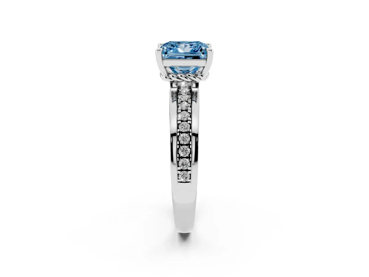 Fancy Blue Princess Cut Solitaire Diamond Ring with Channel Set Band and Six-Prong Setting Silver