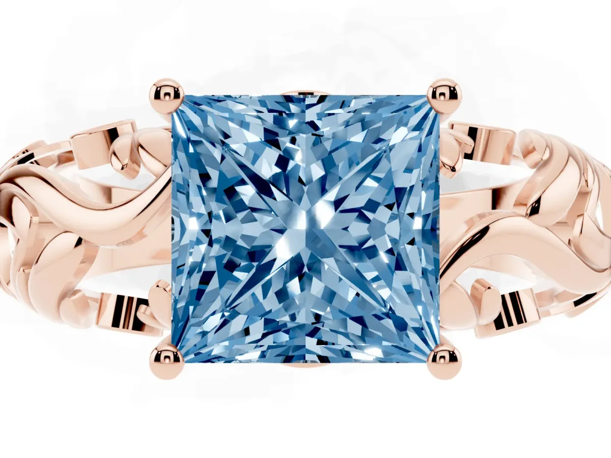 Fancy Blue Princess Cut Solitaire Diamond Leaf-Inspired Vine Band Ring with Prong Setting Rose gold