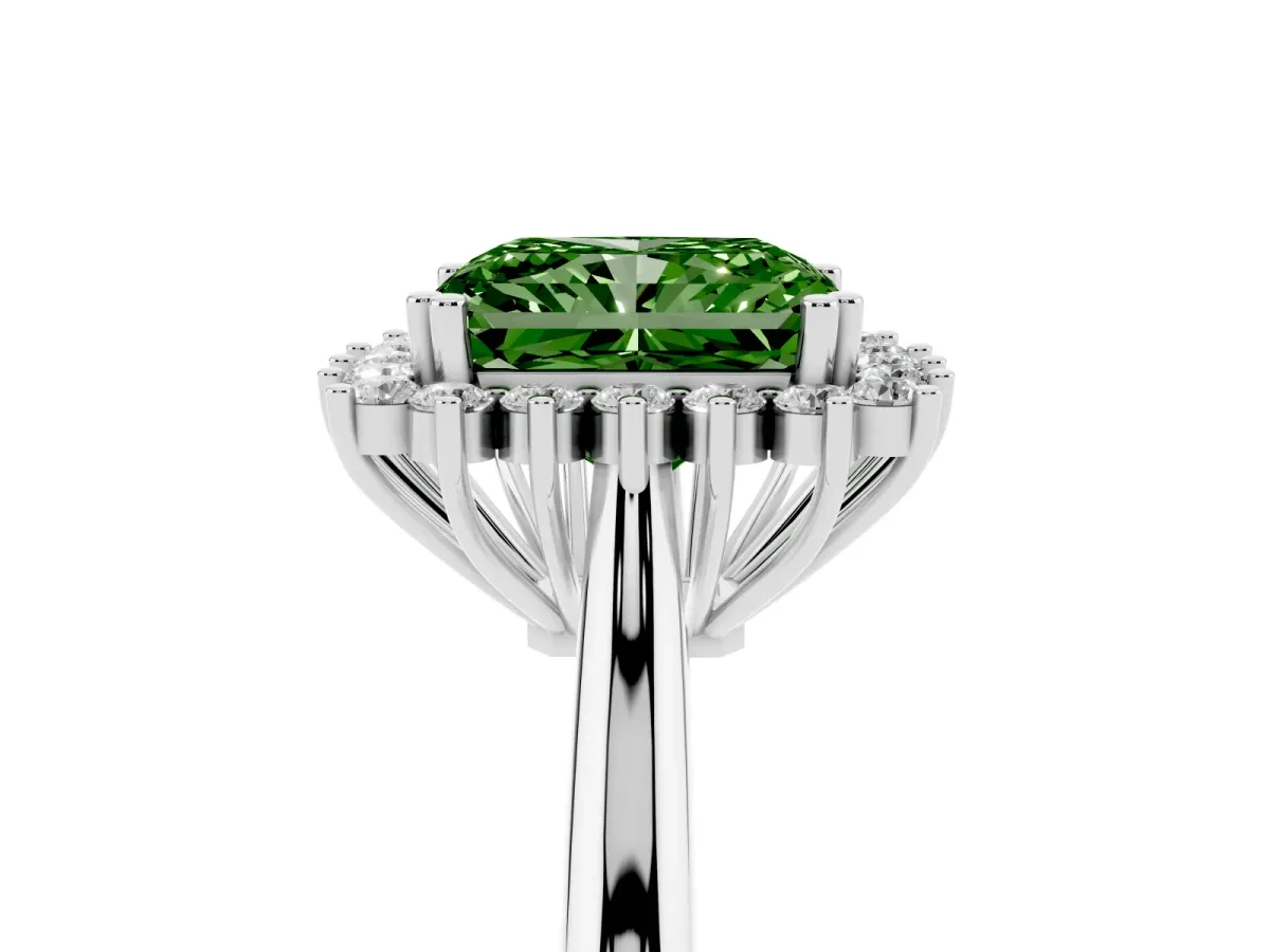 Fancy Green Radiant Cut Cut Diamond Halo Ring with Solitaire Band and Prong Setting Silver