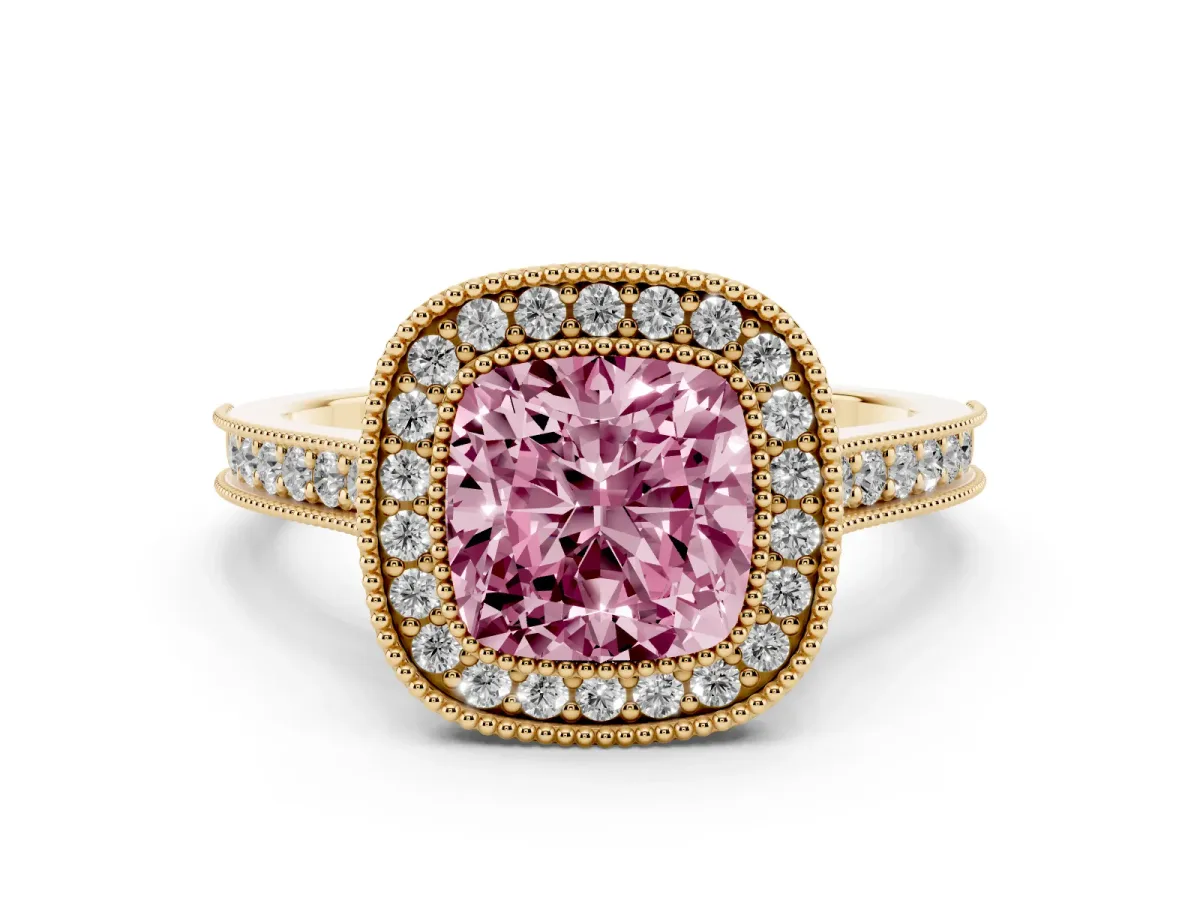 Fancy Pink Halo Cushion Cut-Cut Diamond Pave Band Milgrain Prong Setting Ring Yellow gold