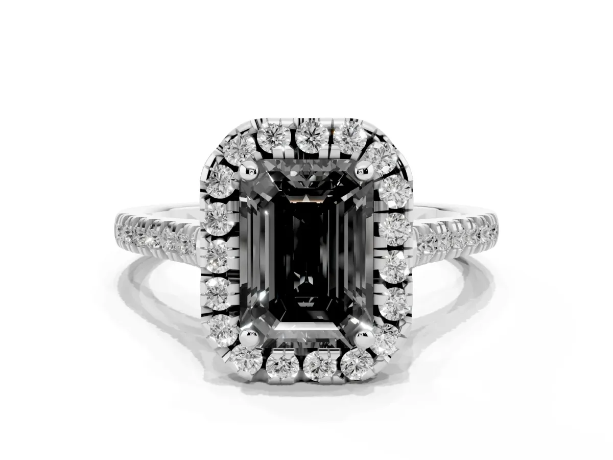 Fancy Black Emerald Cut Diamond Cushion Halo Ring with Pavé Band Silver