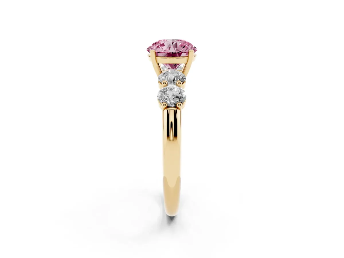 Fancy Pink Round Cut Cut Five-Stone Prong Set Diamond Ring with Classic Band Yellow gold