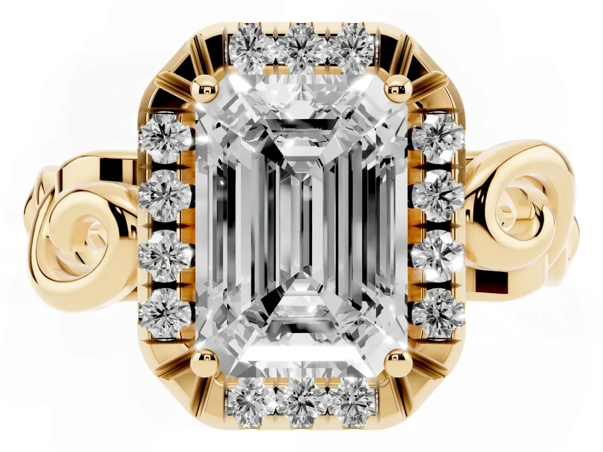 Emerald Cut Cut Halo Diamond Ring with Scrollwork Band and Four-Prong Setting Yellow gold