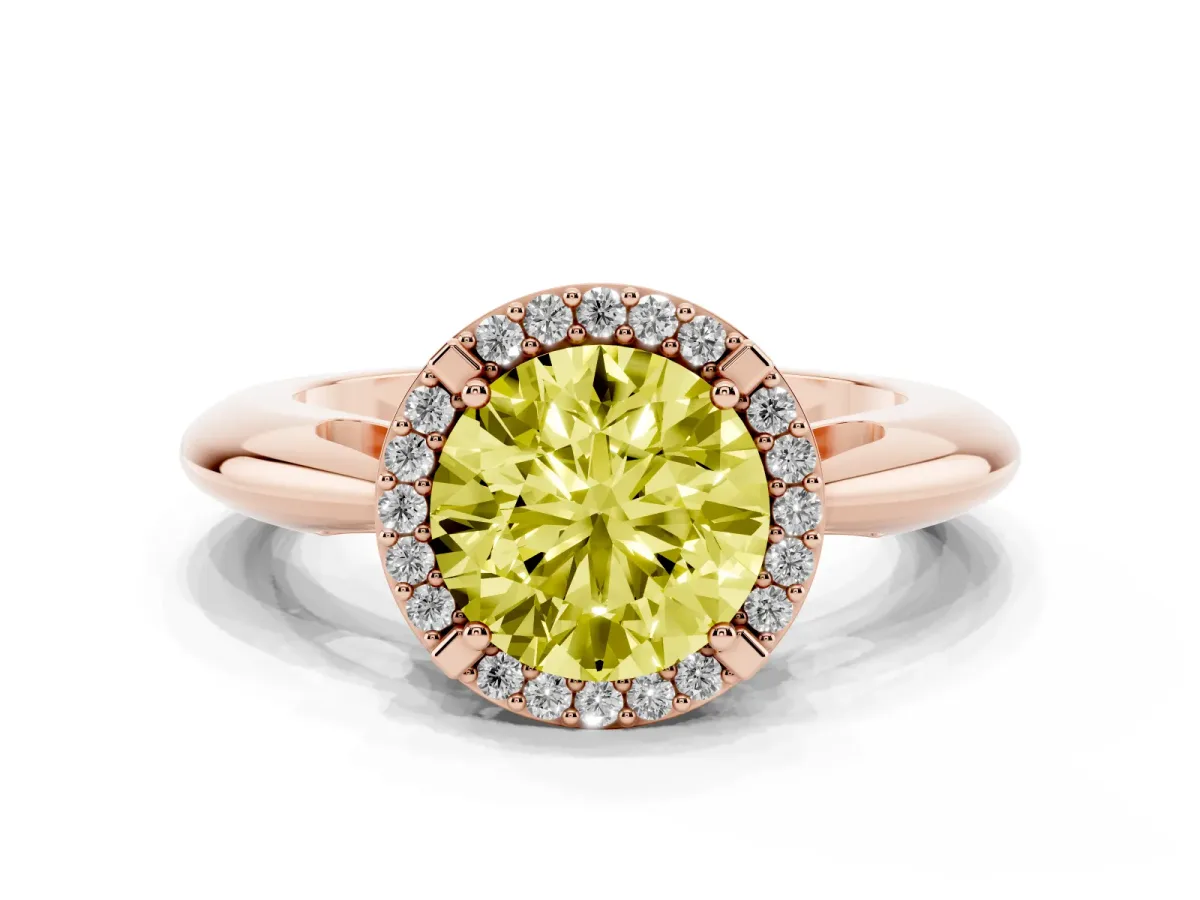 Fancy Yellow Round Cut Cut Diamond Halo Engagement Ring with Split Shank and Four-Prong Setting Rose gold
