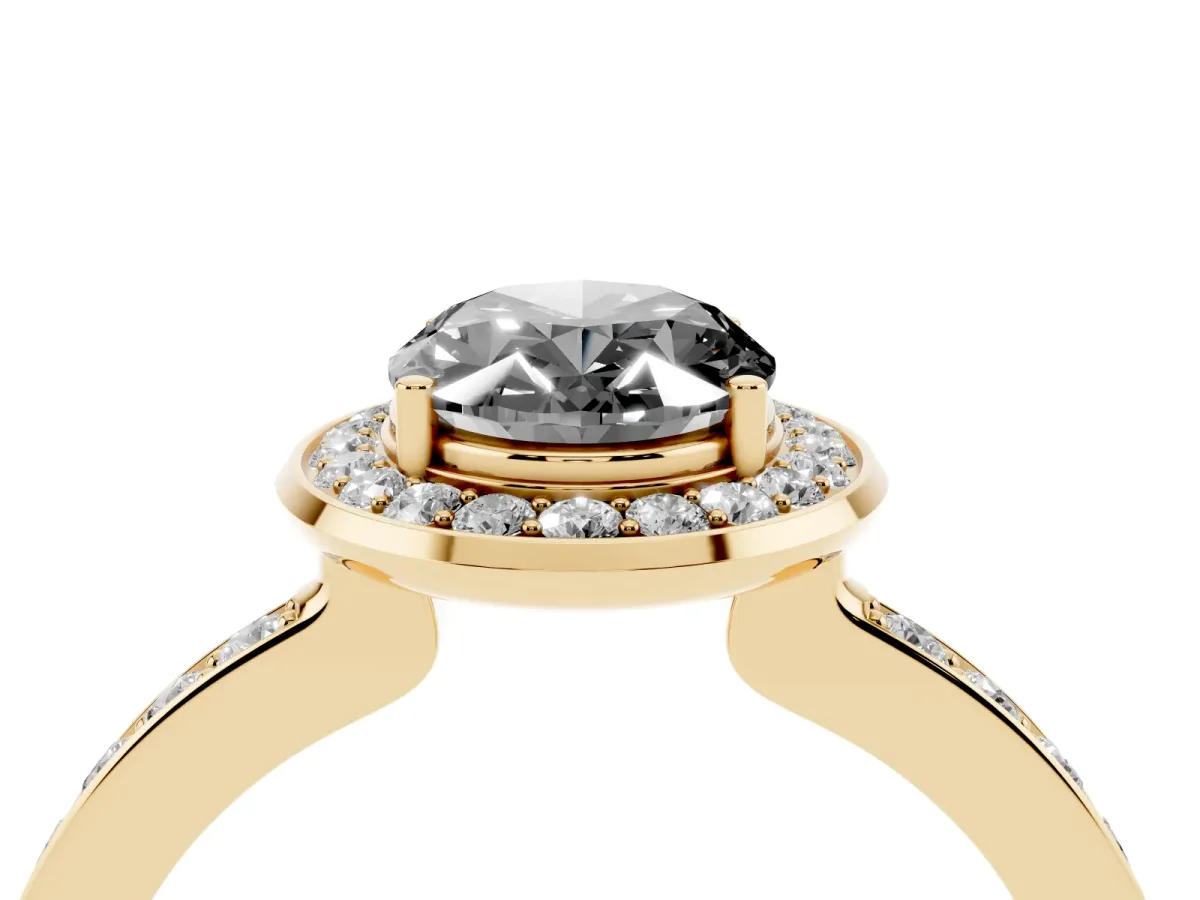 Fancy Black Oval Cut Diamond Halo Ring with Bezel Frame and Pavé Band Yellow gold